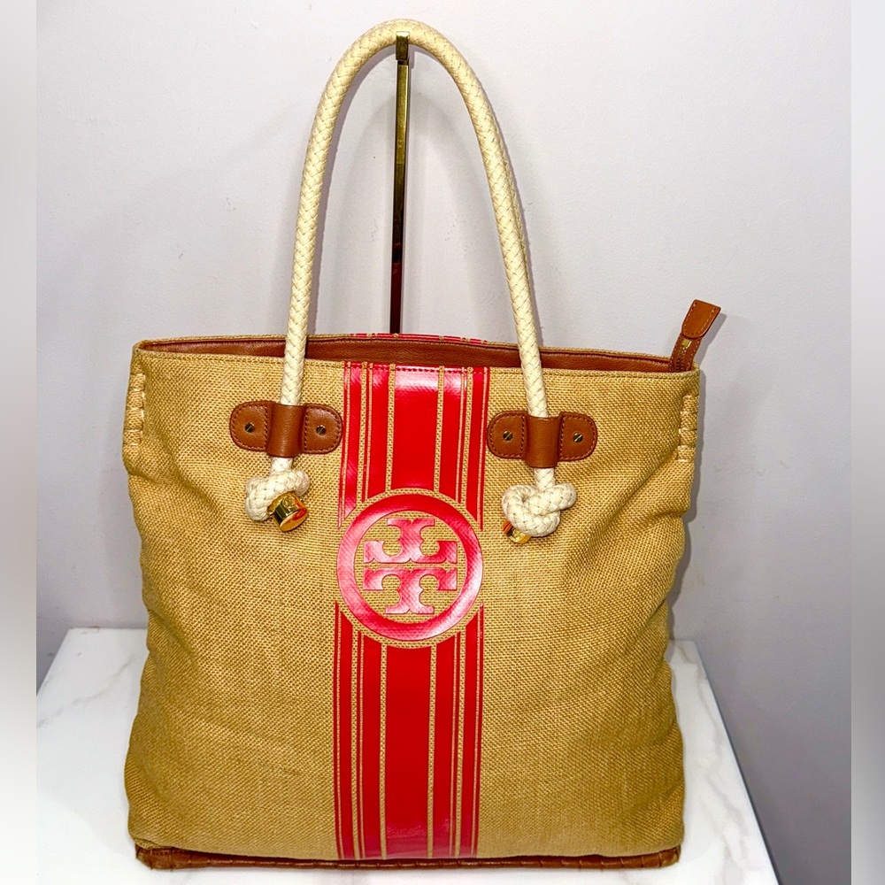 Tory Burch Tan and Red Canvas Tote Bag